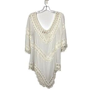 PARADISE Beach Cover Up Boho Ivory Swim Suit Tunic Top Crochet One Size